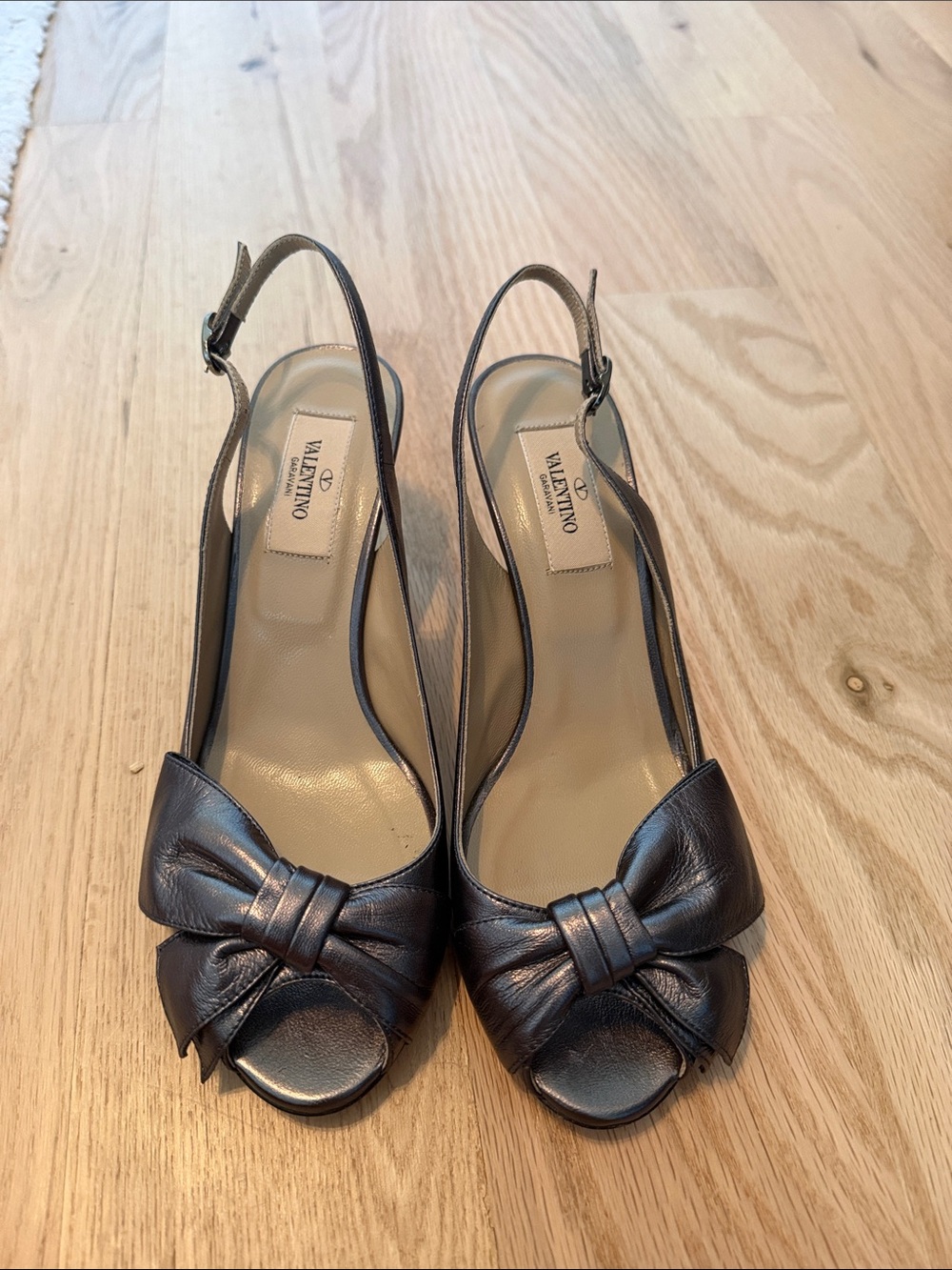 Valentino Garavani - Metallic Black Bow Slingback Peep-Toe Heels